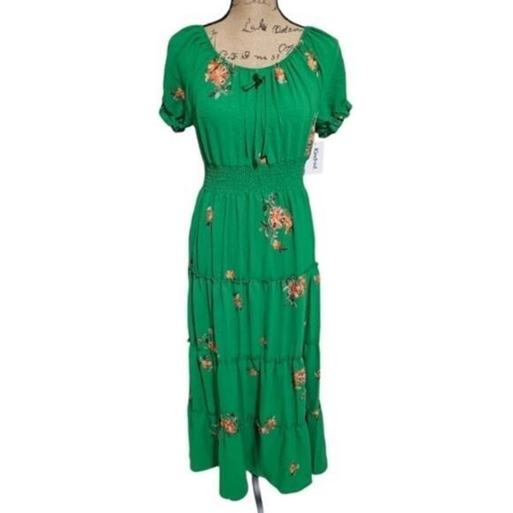 Anthropologie x Kindred Green and Orange Embroidered Floral Tiered Dress Petite